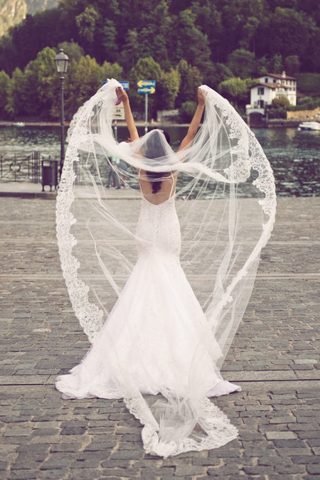 Cathedral Bridal Veils with Beaded Lace Appliqued Edge