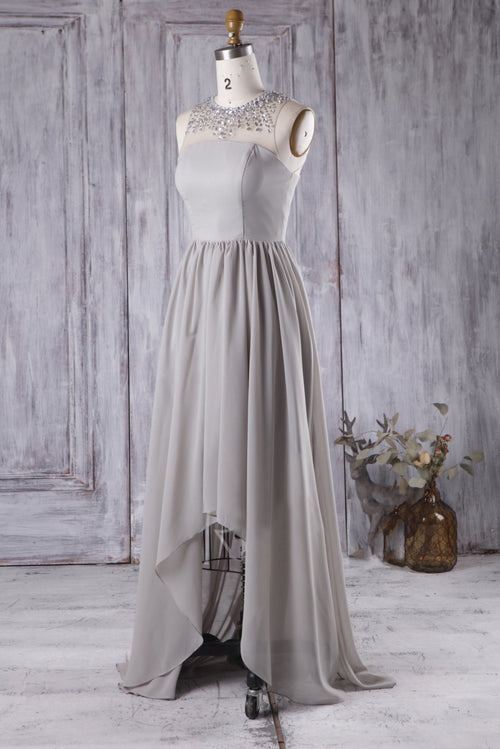 gray-chiffon-high-low-bridesmaid-dress-with-rhinestones-neckline
