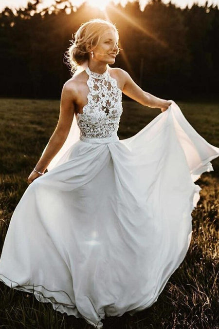 Deep V-neckline Sleeveless Chiffon Simple Beach Wedding Dresses