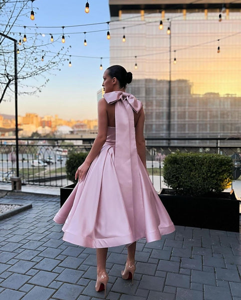 Halter Pink Short Prom Dress with Bow Ribbon Back