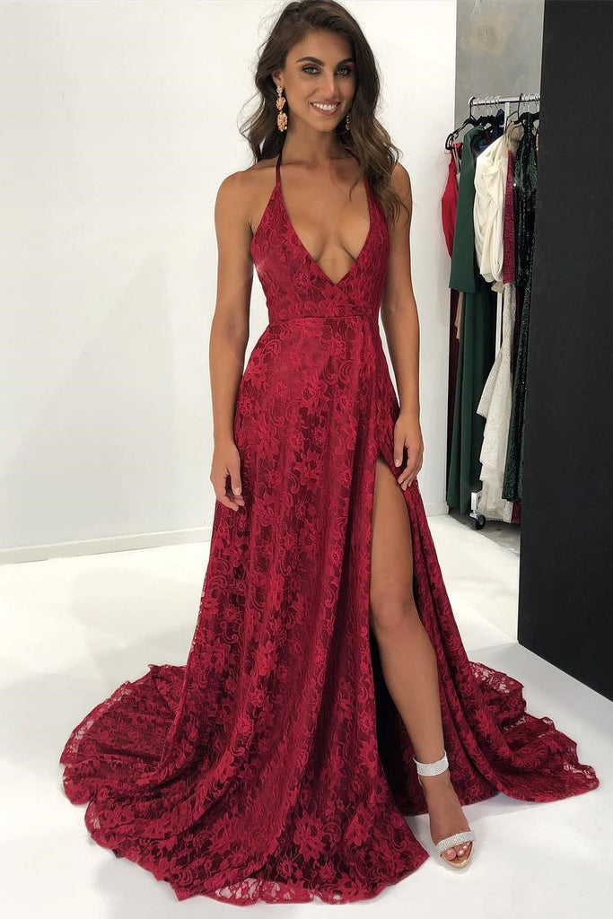 Halter Plunging V-neck A-line Burgundy Lace Dress for Prom Party