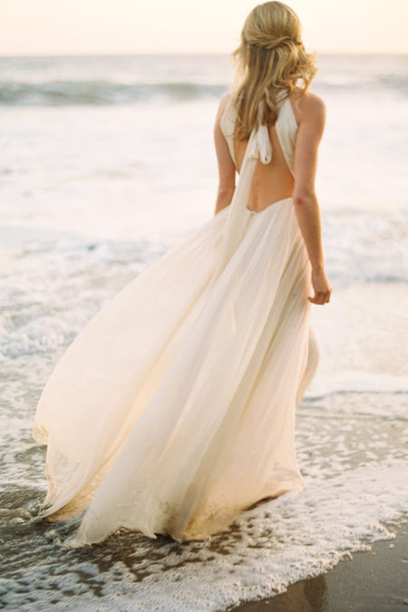 Deep V-neckline Sleeveless Chiffon Simple Beach Wedding Dresses