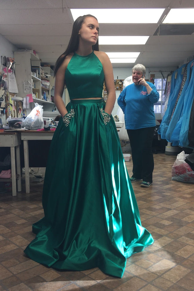 halter-two-piece-prom-dresses-dark-blue-satin-stones-pockets