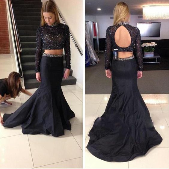 High Neck Beaded Black Long Sleeves Prom Dress Two Piece