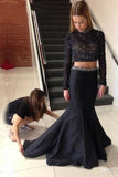 high-neck-beaded-black-long-sleeves-prom-dress-two-piece