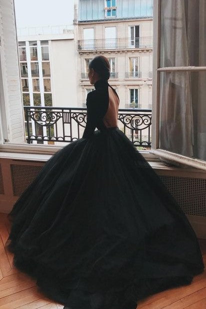 Black Wedding Dresses Tulle A-Line V-neck Long Sleeves Backless Natural  Waist Lace Royal Train Bridal Gown — Bridelily
