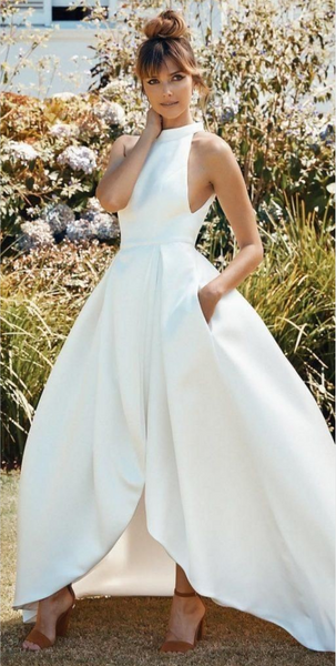 High Neck Satin Bridal Gown with Cut Front