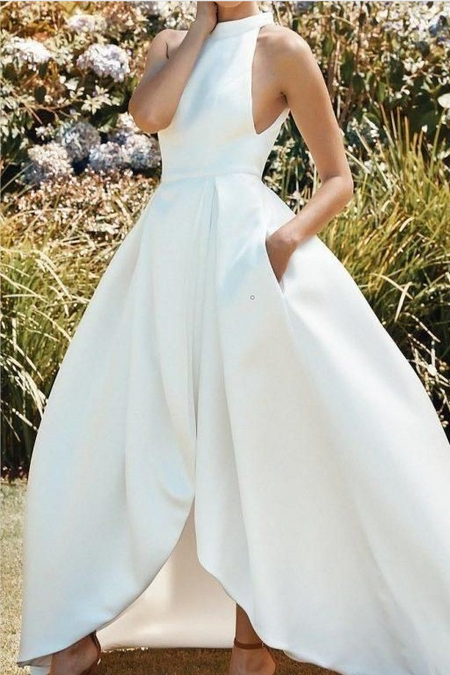 Satin Floor-Length Wedding Dress with Bow Straps