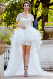 horsehair-trim-hi-lo-wedding-dresses-with-tulle-wrapped-sleeves