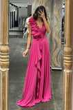 hot-pink-chiffon-prom-dresses-with-flounced-neckline