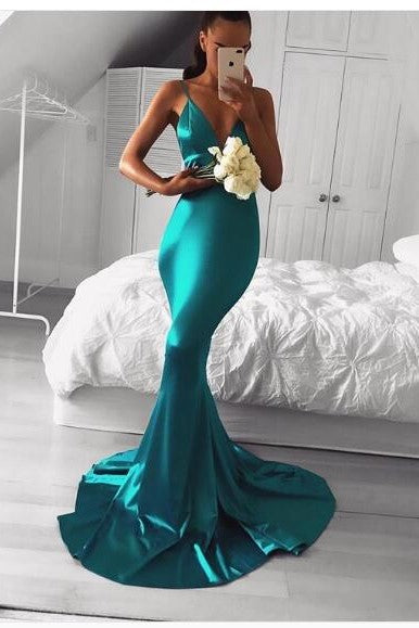 hunter-green-mermaid-prom-dresses-v-neckline-sweep-train