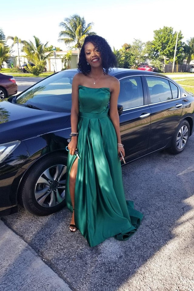 Hunter Green Satin Prom Gown Strapless Maxi Long Dress with Side Slit