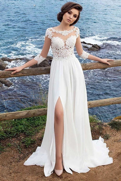 illusion-appliques-sleeves-beach-wedding-dresses-with-chiffon-skirt