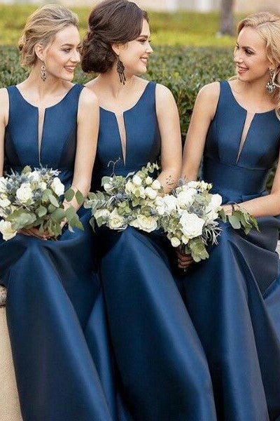 illusion-cut-sleeveless-dark-blue-bridesmaid-dresses-satin-skirt