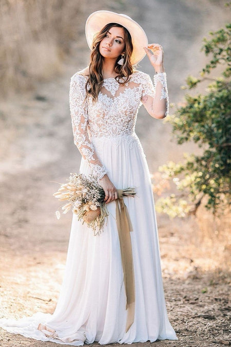 Lace Long Sleeves Boho Wedding Dresses with Open Back