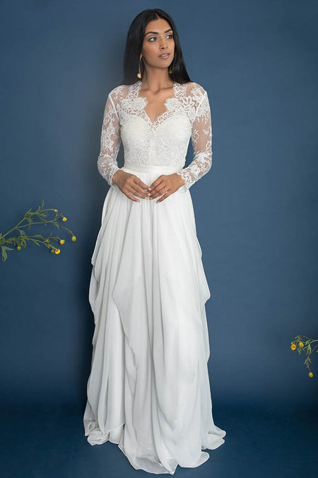 2 Piece Boho Wedding Dress with Lace Sleeves Chiffon Skirt