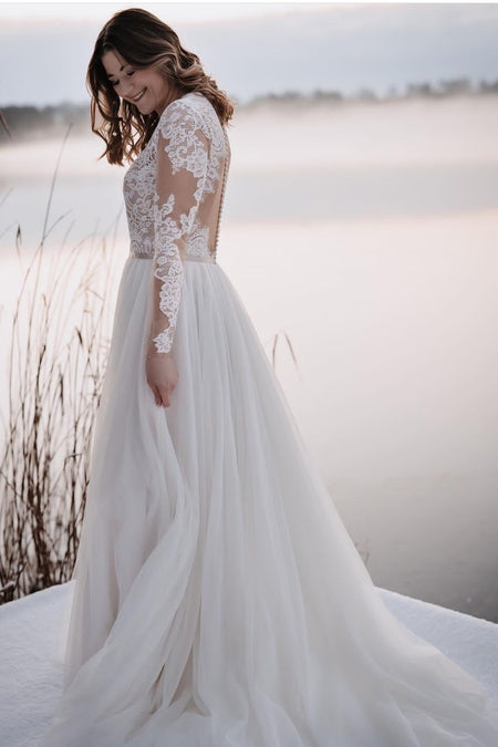 Sheer Lace Long Sleeves Wedding Dresses with Buttons Back