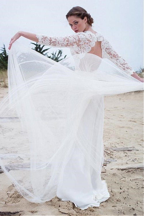 illusion-lace-sleeves-boho-wedding-gown-with-tulle-skirt