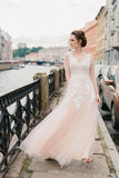 illusion-long-sleeves-lace-wedding-gown-with-blush-pink-tulle-skirt
