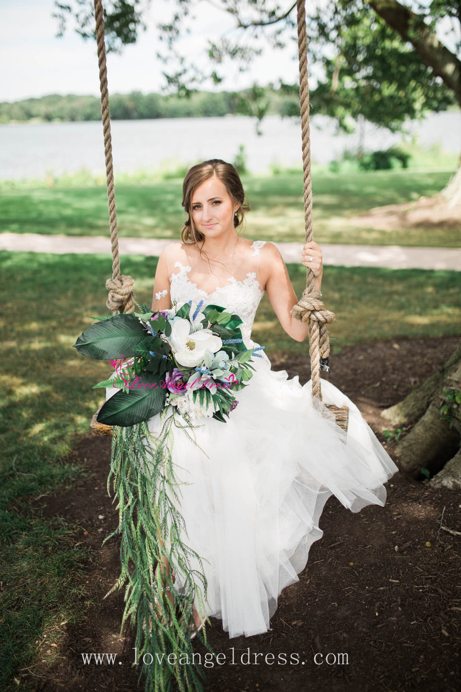 Sleeveless Lace Tulle Wedding Dress A-Line V Back Illusion Bateau main image 1