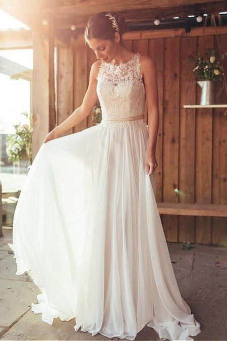 Halter Lace Beach Wedding Dress with Chiffon Skirt