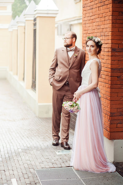 Ivory Lace Beach Wedding Dress with Pink Tulle Skirt