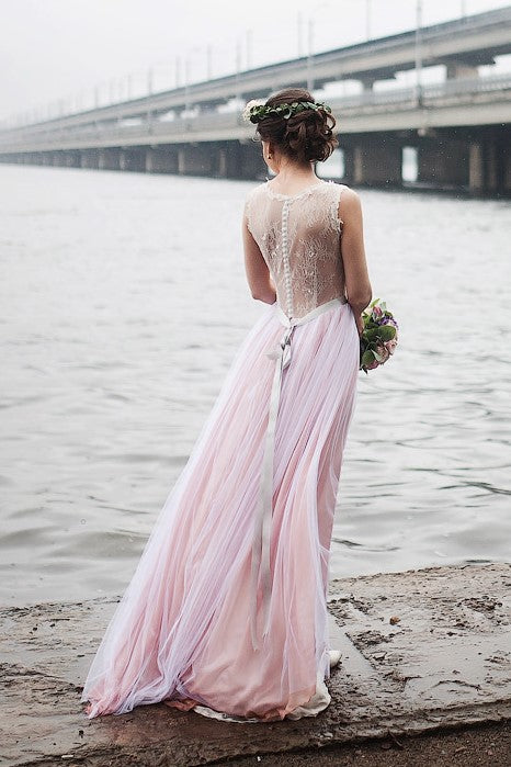 pink dress beach wedding