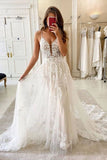 ivory-tulle-floral-lace-wedding-dresses-with-plunging-neckline