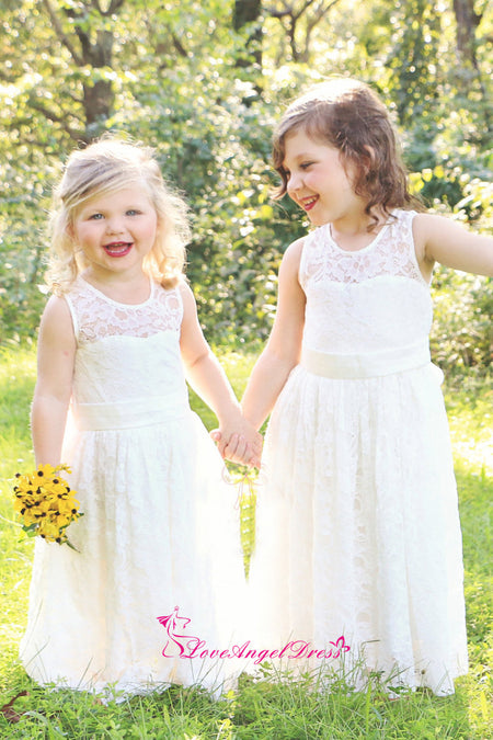 Scoop Neck Ivory Champagne Flower Girl Dress with Tulle Skirt