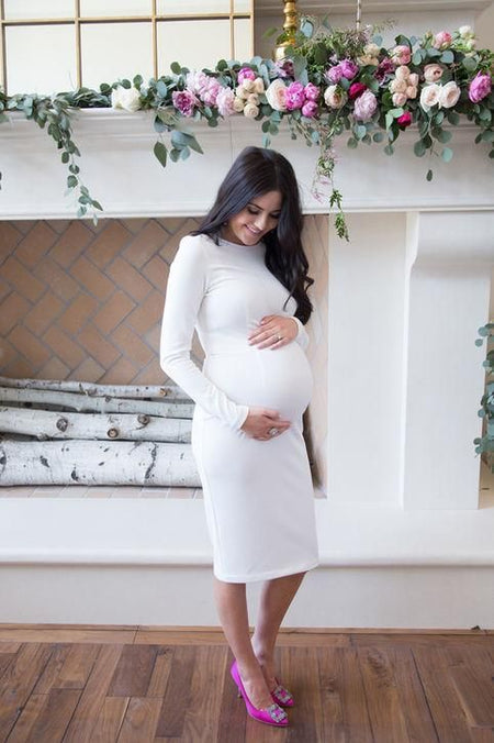 Off-the-shoulder Short Maternity Dress Gown with Flounced Long Sleeves
