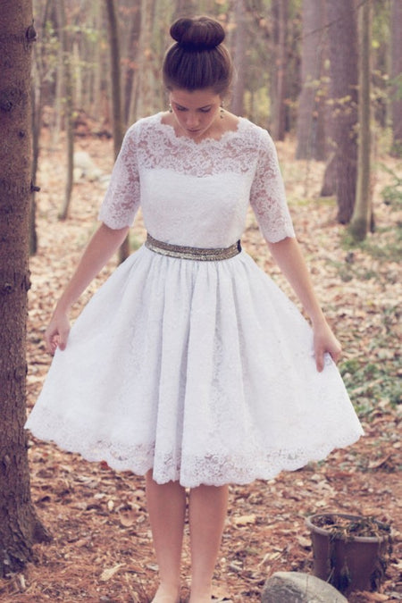Vintage Lace Tea Length Wedding Dress with Sleeves