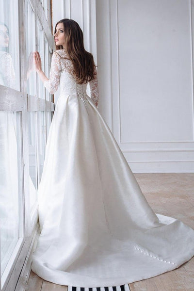 lace-3-4-sleeves-wedding-dresses-with-satin-skirt-1
