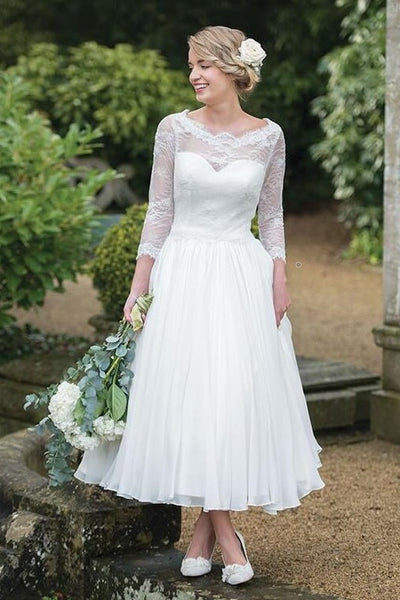 lace-34-sleeves-tea-length-wedding-dresses-with-chiffon-skirt