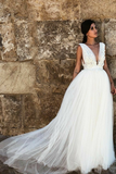 lace-appliques-a-line-tulle-affordable-wedding-dress-with-plunging-v-neck