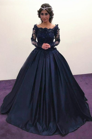 Lace Beaded Long Sleeves Navy Prom Ball Gown Dress Boat Neck –  loveangeldress