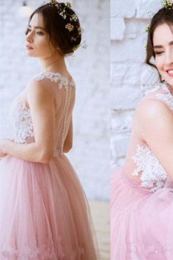 A-line Tulle Blush Pink Wedding Dress Lace Capped Sleeves – loveangeldress