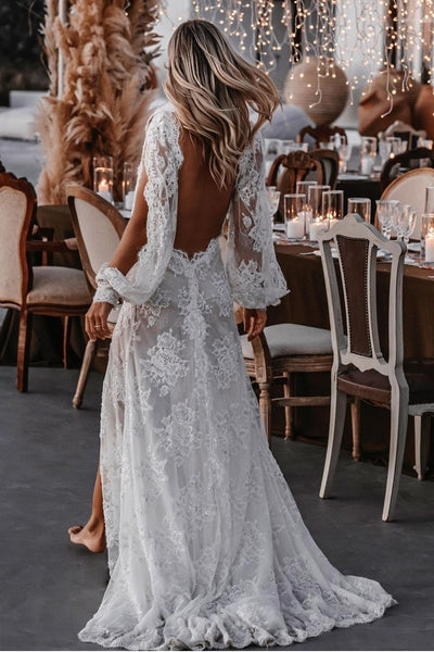 Lace Boho Bridal Dresses with Long Sleeves