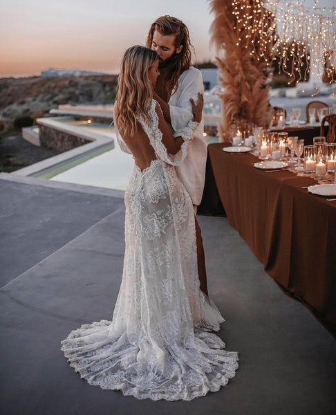Lace Boho Bridal Dresses with Long Sleeves