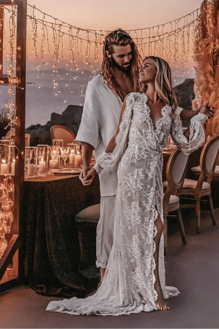 Lace Long Sleeves Boho Wedding Dresses with Open Back