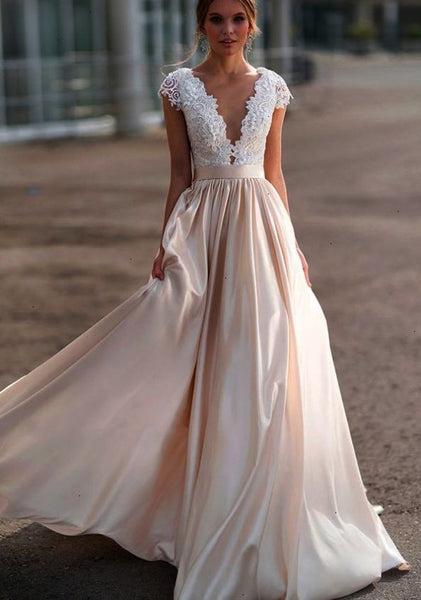 lace-cap-sleeves-wedding-dress-with-champagne-skirt