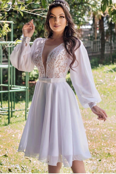 lace-chiffon-short-white-wedding-dress-with-loose-sleeves