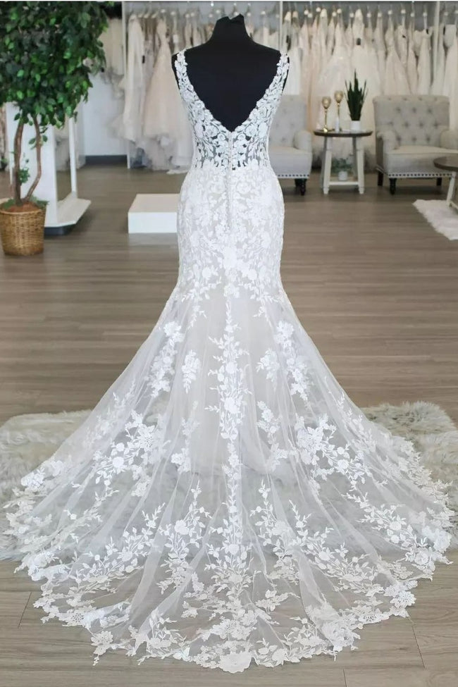 V-neckline Slim Wedding Dress with Draped Backless – loveangeldress
