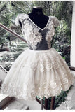 lace-flower-short-wedding-dress-with-sheer-v-neckline