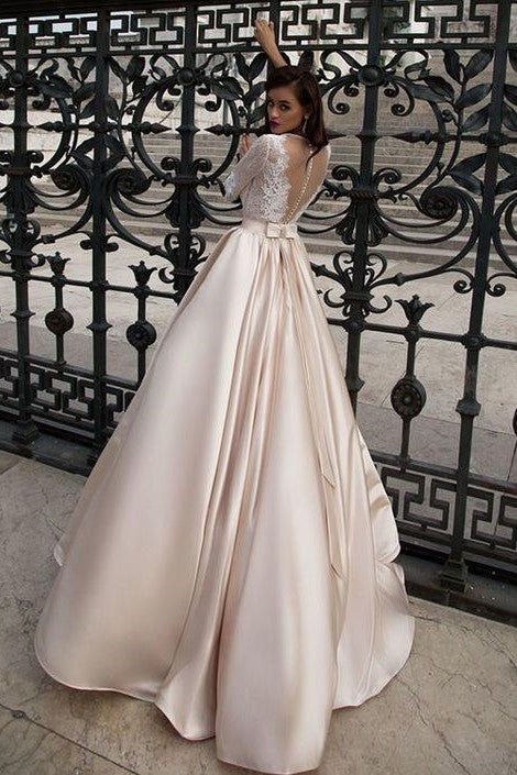 lace-half-sleeves-champagne-wedding-dress-with-sheer-neckline-1