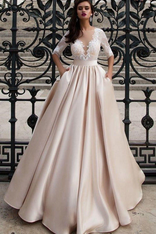 lace-half-sleeves-champagne-wedding-dress-with-sheer-neckline