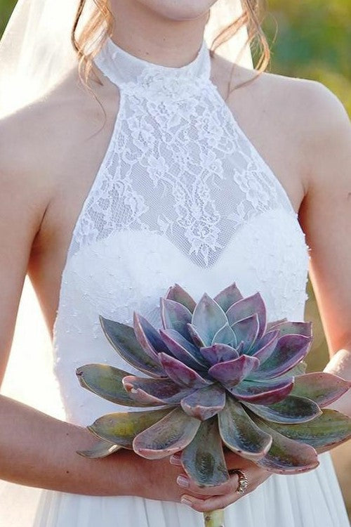 Lace Halter Backless Beach Style Wedding Dresses Chiffon Skirt