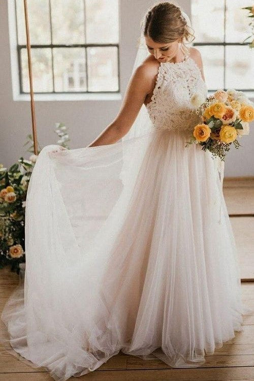 Lace Halter Boho Ivory Wedding Dress with Tulle Skirt