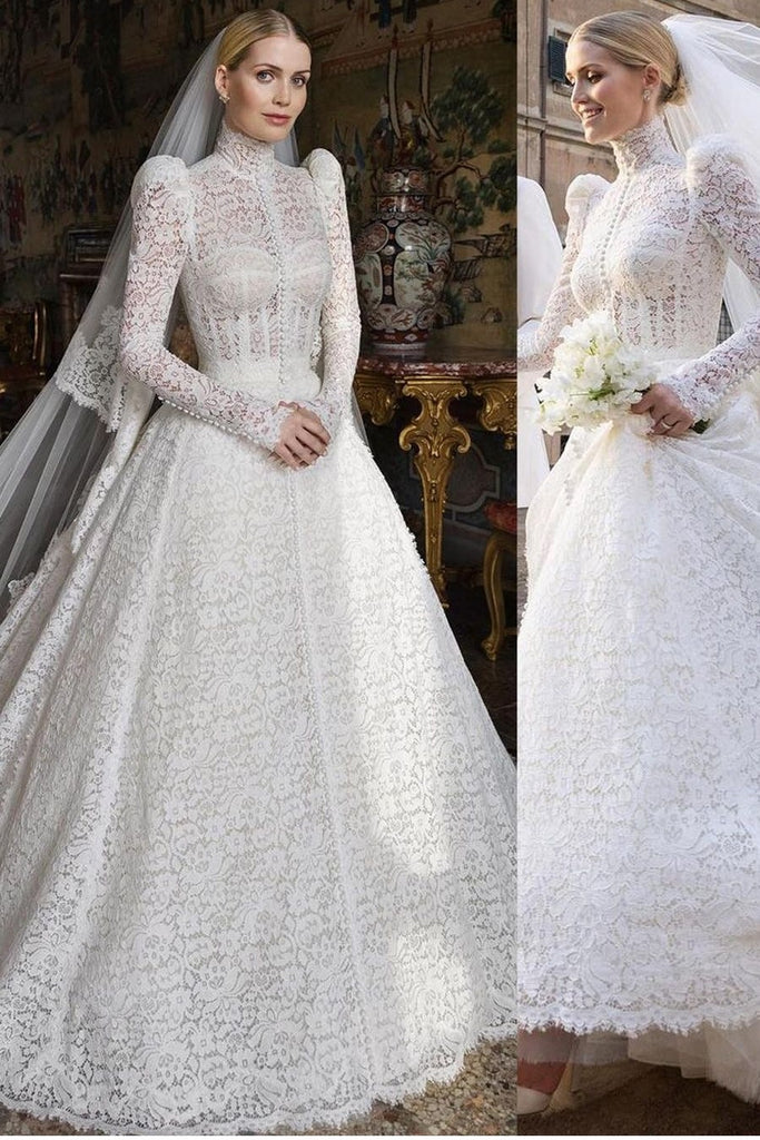 Vintage Lace Wedding Dresses With Long Sleeves Sweep Train A Line Bridal  Gowns | eBay