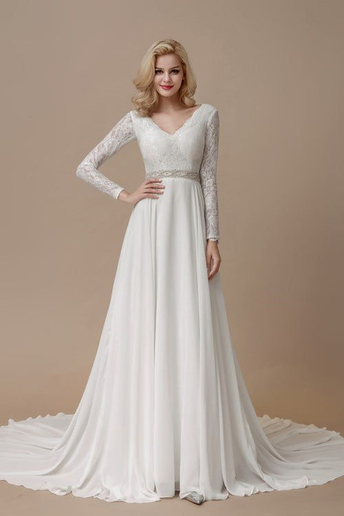 lace-long-sleeves-boho-wedding-dress-with-chiffon-skirt