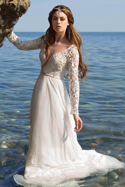 lace-long-sleeves-boho-wedding-dress-with-plunging-v-neckline